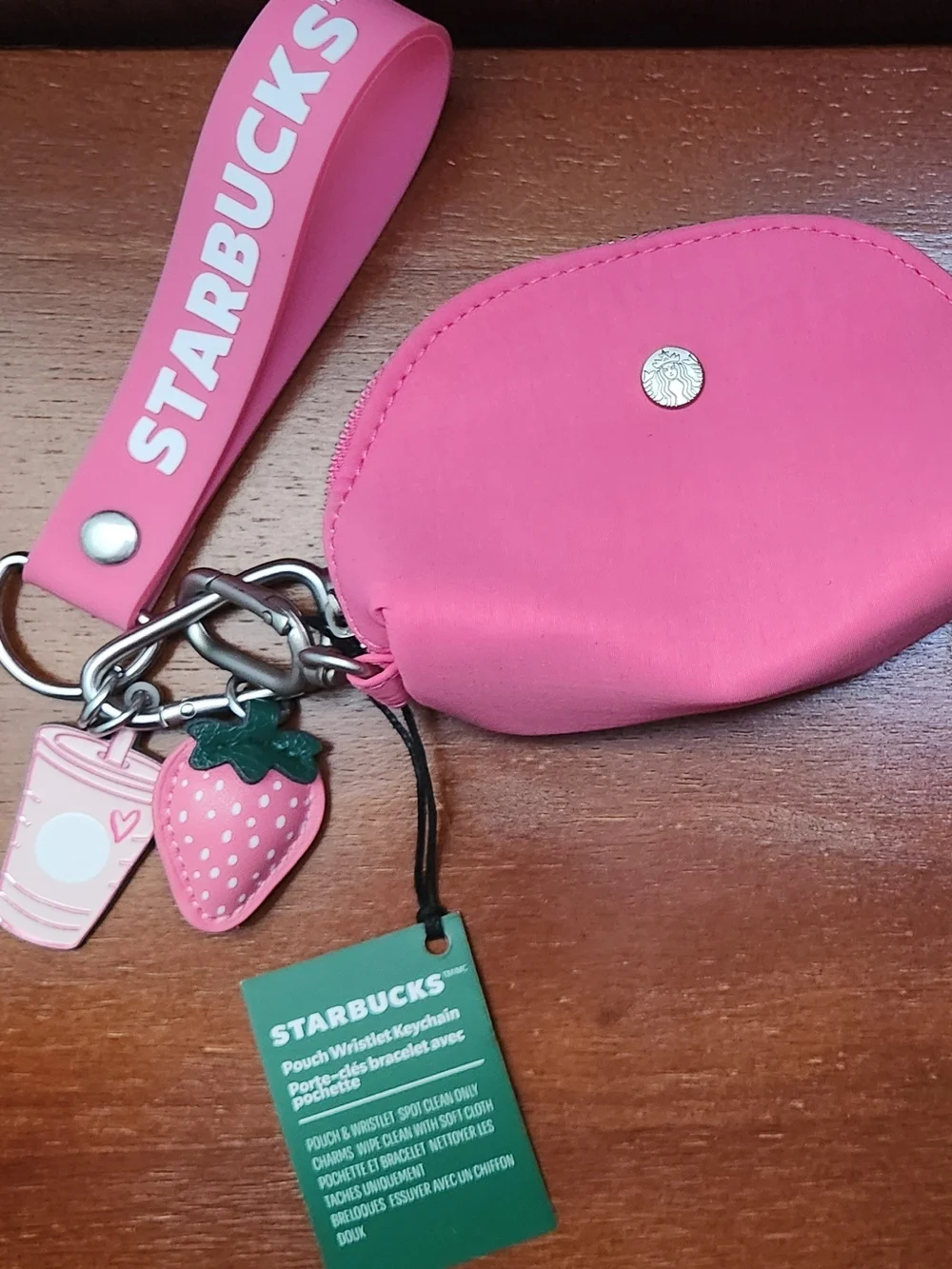Starbucks Pink Wristlet Keychain Pouch with Strawberry Charm